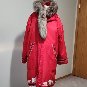 Women's Red Fur-Trimmed Parka. Indigo Fox Trim